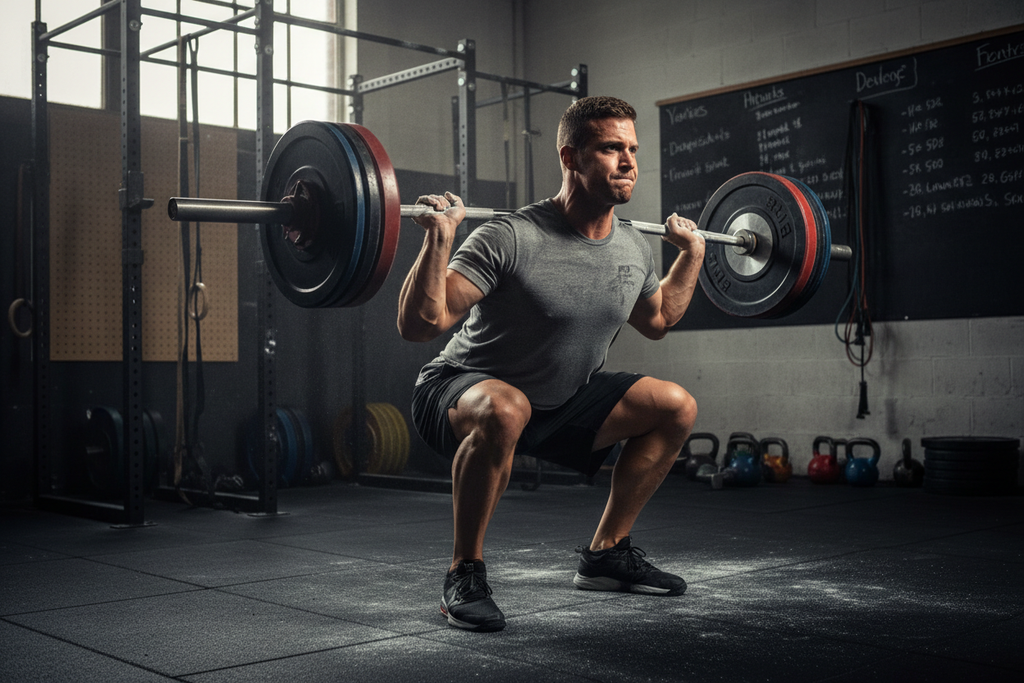 Athlete performing heavy squat in CrossFit gym