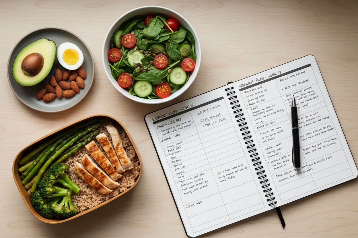 Flat-lay of healthy athlete meals and training log notebook