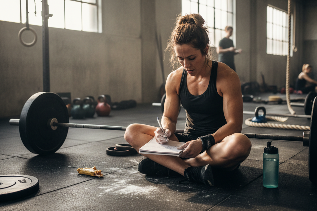 Athlete writing in notebook next to barbell after workout