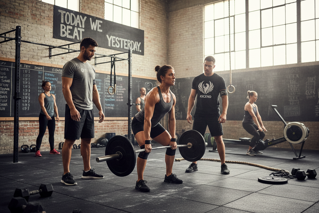 Athlete training in CrossFit gym showing strength progress